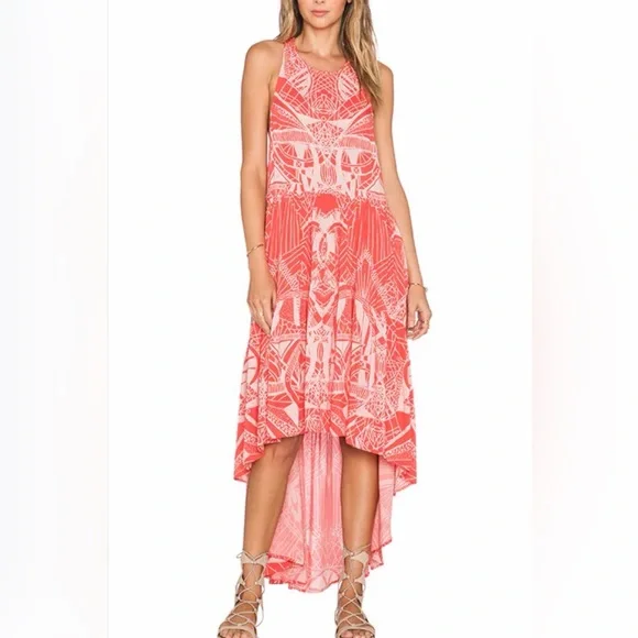 Free People La Mar Maxi Dress Coral Boho Printed High-Low Sleeveless Vacation S - Picture 2 of 4